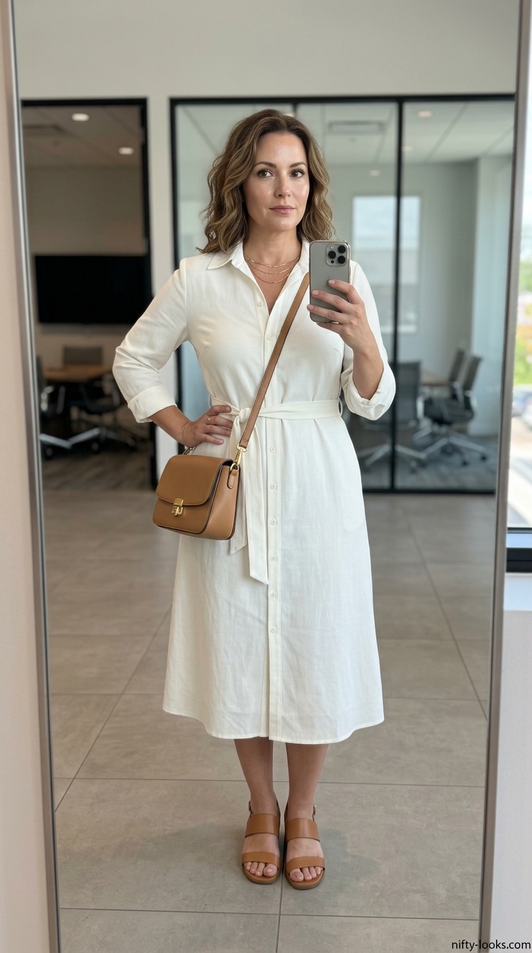 Effortless Summer Office Outfits 2026 Professional summer office outfits for women 2026: Ivory shirt dress with tan sandals for an effortless look.