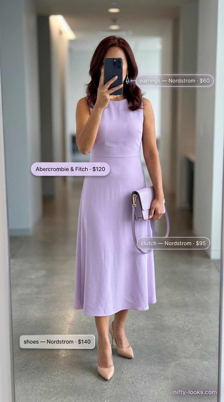 Lavender Leadership: Professional Summer Office Outfits 2026 Lavender midi wrap dress with nude pumps and silver clutch for professional summer office outfits for women 2026.