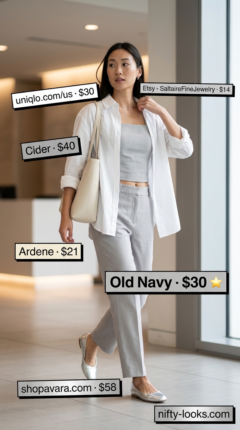 Professional Summer Office Outfits 2026: Linen Pants Look Professional summer office outfits for women 2026: Grey linen trousers, white button-down, ballet flats.
