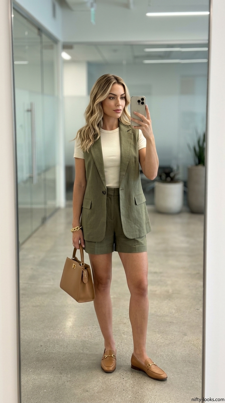Professional Summer Office Outfits 2026: Linen Set Professional summer office outfits for women 2026: Olive green vest and shorts set, cream tee, gold accessories.