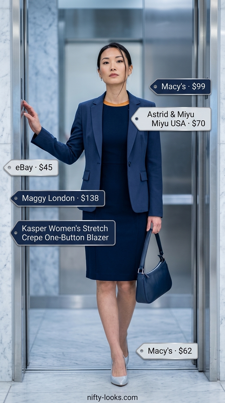 Sharp Summer Office Outfits 2026 Professional summer office outfits for women 2026: Navy sheath dress, white blazer, and silver earrings for a sharp look.