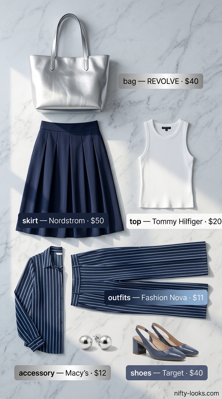 Professional Summer Office Outfits 2026: Navy Skirt Style Professional summer office outfits for women 2026: Navy pleated midi skirt, striped knit top, white pumps.