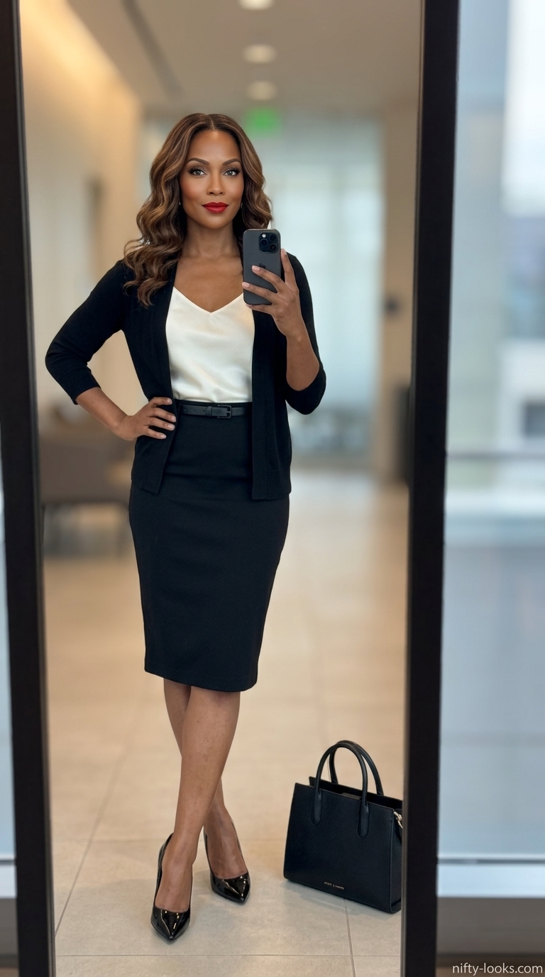 Professional Summer Office Outfits 2026: Pencil Skirt Professional summer office outfits for women 2026: Black pencil skirt, white camisole, red belt.