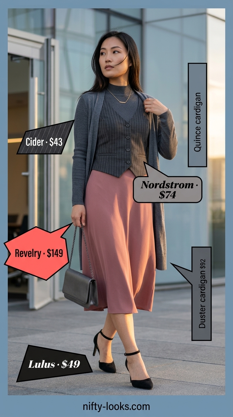 Professional Summer Office Outfits 2026: Rose Skirt Professional summer office outfits for women 2026: Dusty rose midi skirt, charcoal knit top, black heels.