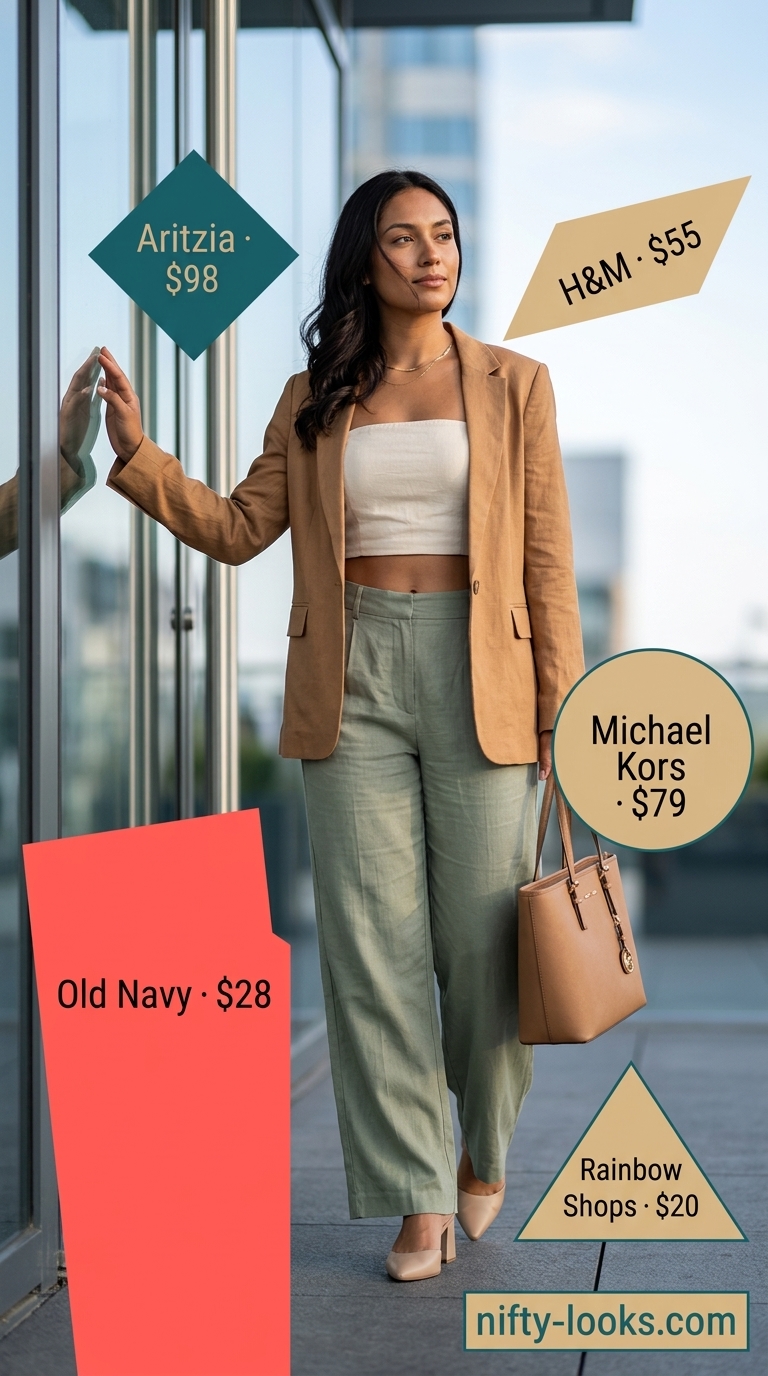 Effortless Summer Office Outfits 2026 Professional summer office outfits for women 2026: Sage green wide-leg pants, cream shell top, and linen blazer.