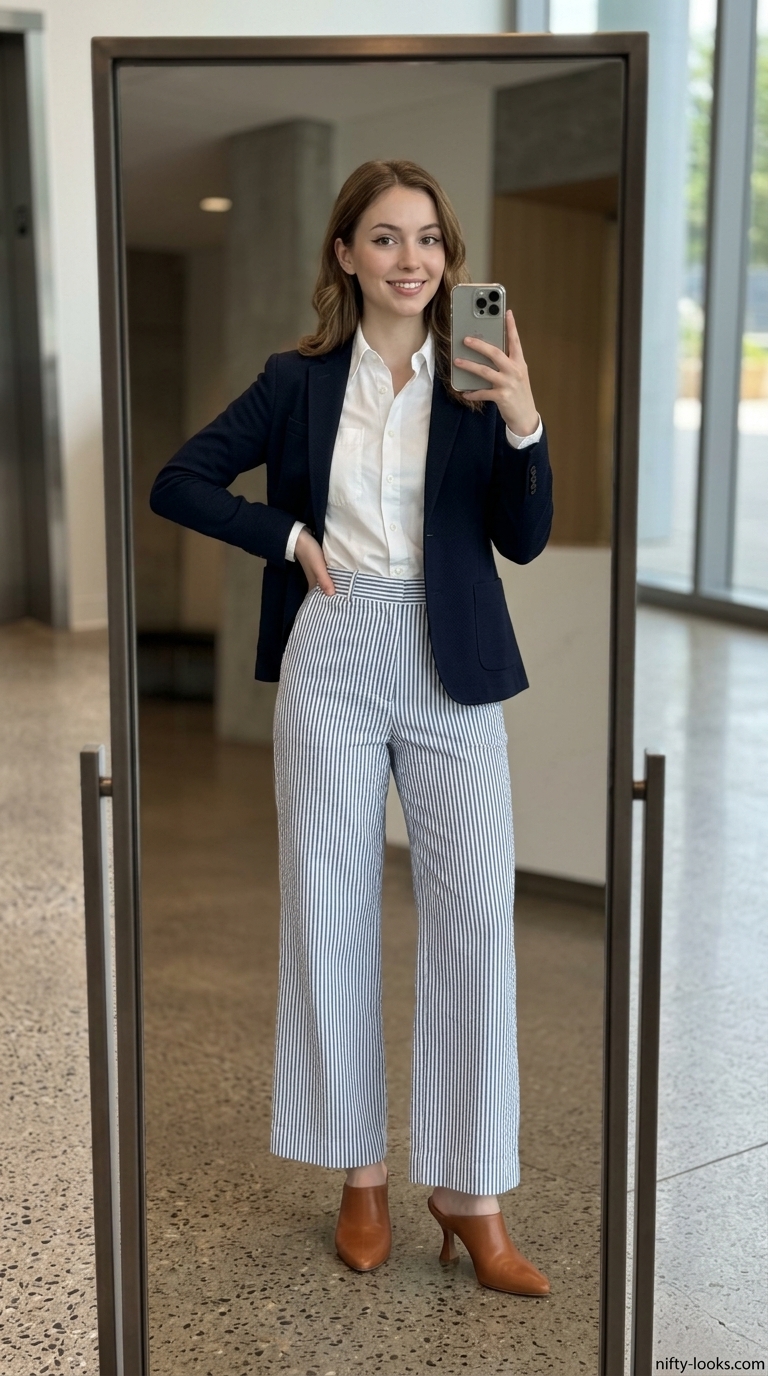 Seersucker Summer Office Outfits 2026 Professional summer office outfits for women 2026: Seersucker pants, white shirt, and navy blazer for a fresh look.