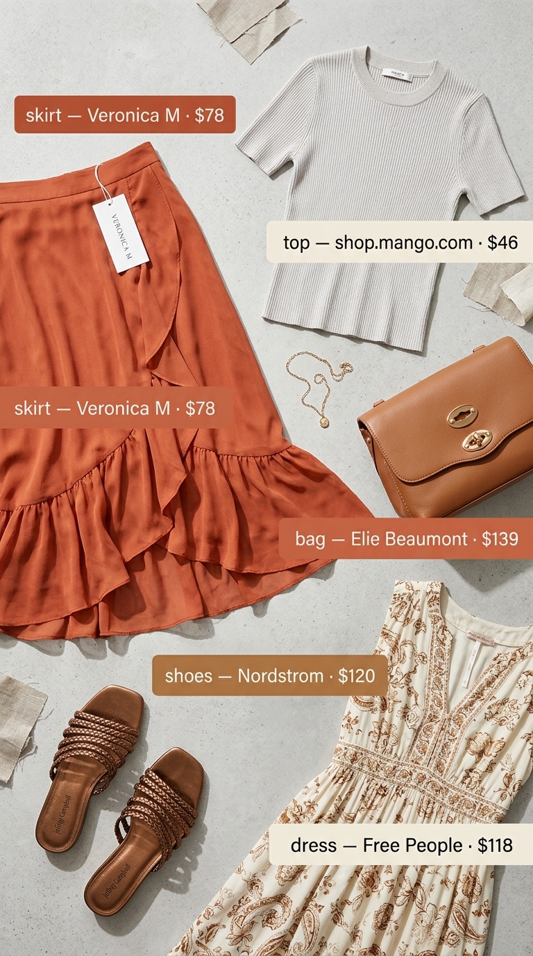 Artistic Summer Office Outfits 2026 Professional summer office outfits for women 2026: Terracotta skirt, ivory knit top, and bronze mules for an artistic look.