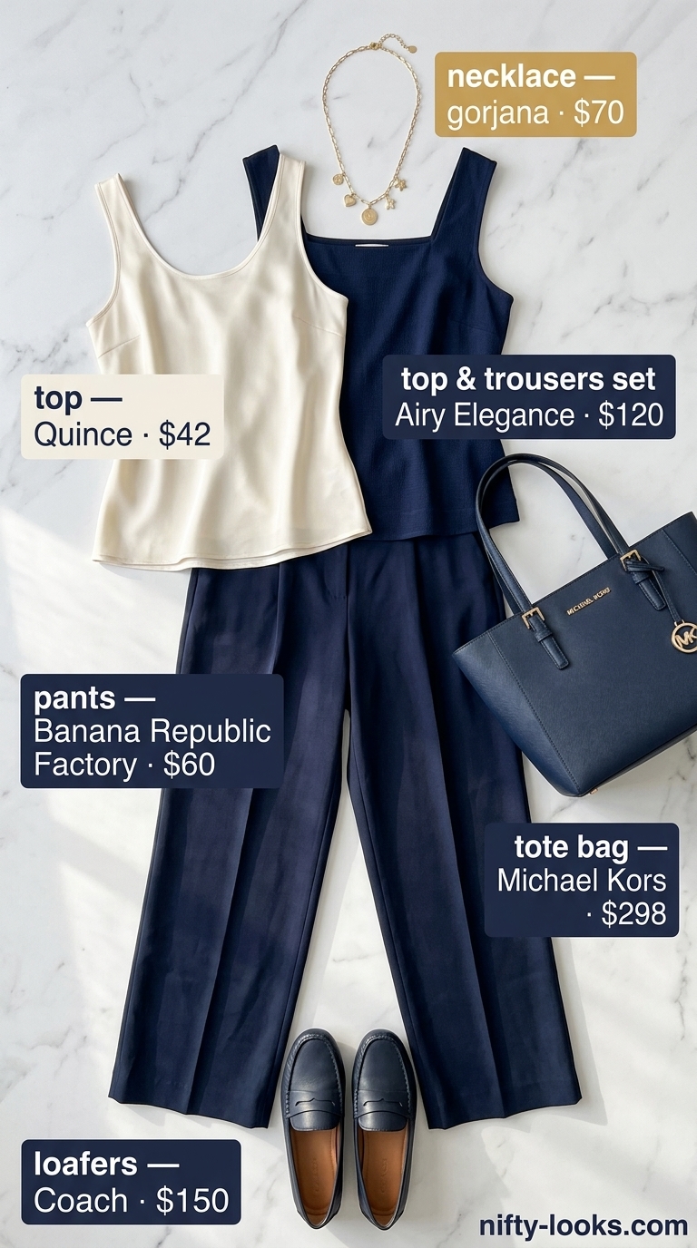 Professional Summer Office Outfits 2026: Wide-Leg Pants Professional summer office outfits for women 2026: Navy wide-leg trousers, cream silk top, gold loafers.