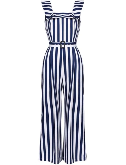 Retro Stage Striped Ruffle Wide Leg Jumpsuit