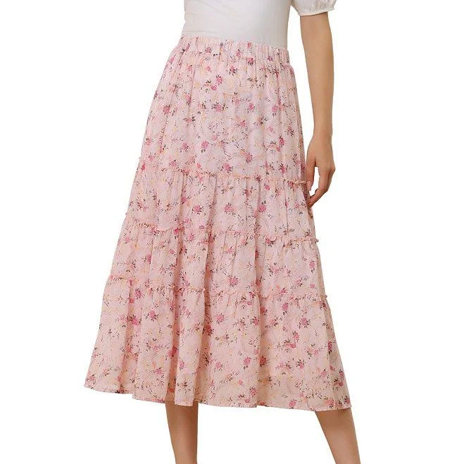 Ruffle Boho Floral Chiffon Tiered Midi Skirt
