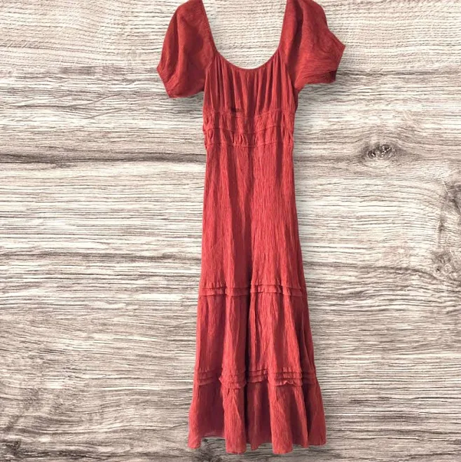 Rusty Orange Maxi Prairie Dress Off Shoulder Tiered Ruffle Whimsical