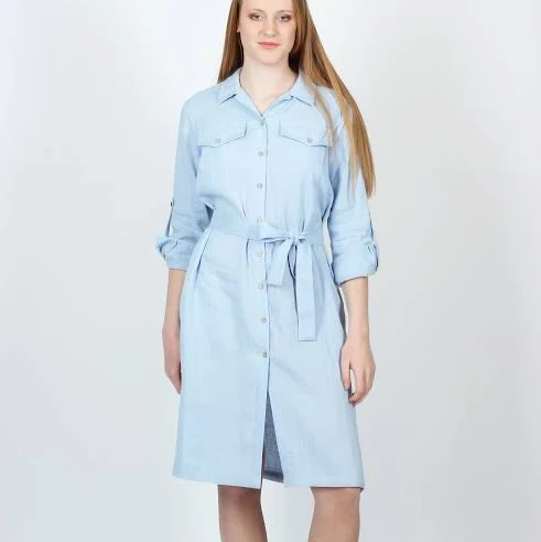 Below The Knee Linen Midi Shirt Dress with Waist Tie Belt and Side Pockets