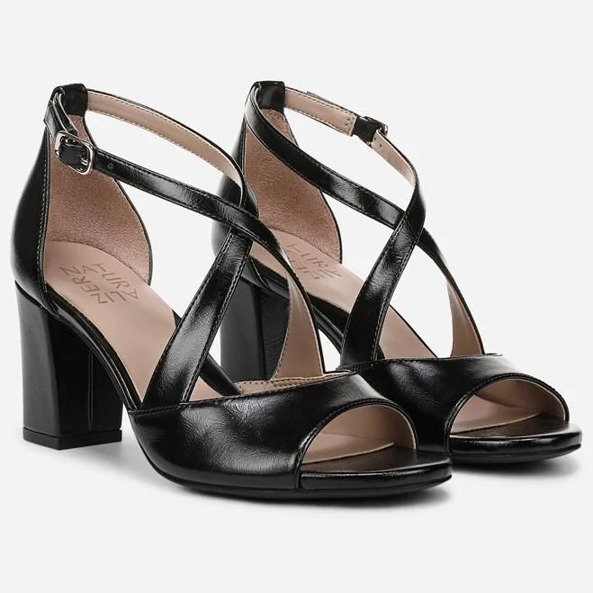 Naturalizer Hollis Strappy Sandals, Black Faux Leather, 6.5 Wide | Open Toe, Block Heels
