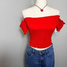 Almost Famous Red Smocked Off Shoulder Crop Top XS Ruffled Sleeve