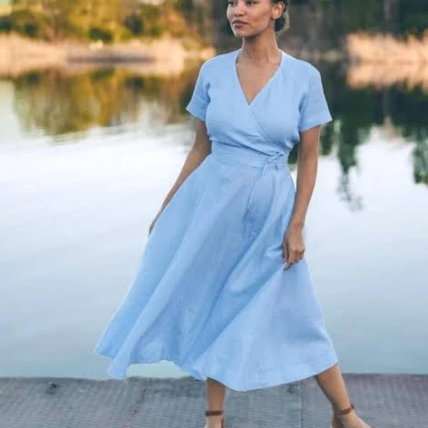 Midi Length Linen Wrap Dress