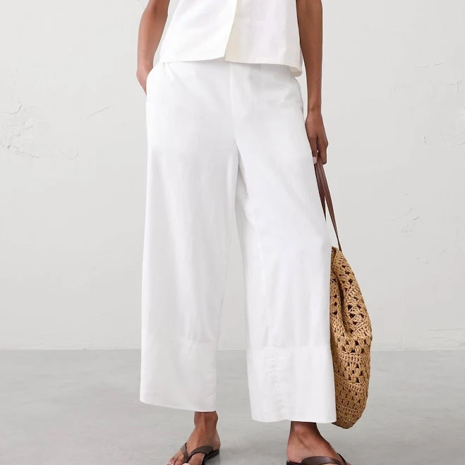 Women's High-Rise Wide-Leg Linen-Blend Cropped Pants