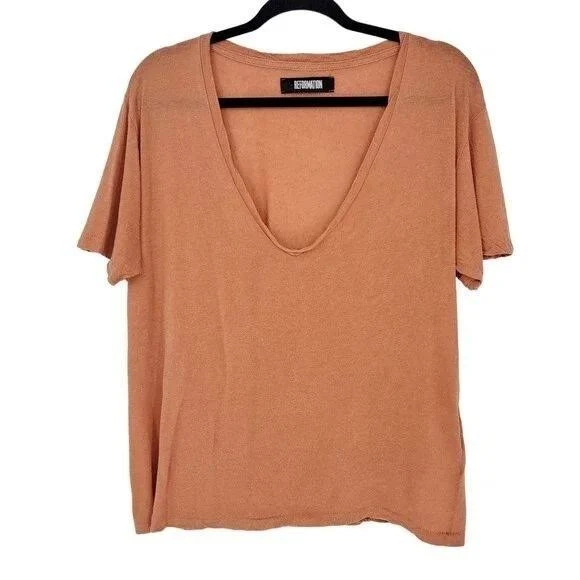 Reformation Relaxed Fit V Neck Tee Linen Blend Rust Orange Size Xs