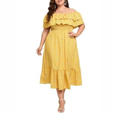 Women's Off Shoulder Ruffled Smocked Waist Maxi Dress