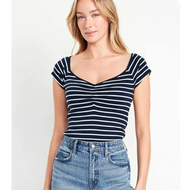 Old Navy Striped Fitted Ribbed Top Navy Blue White Stripes Womens