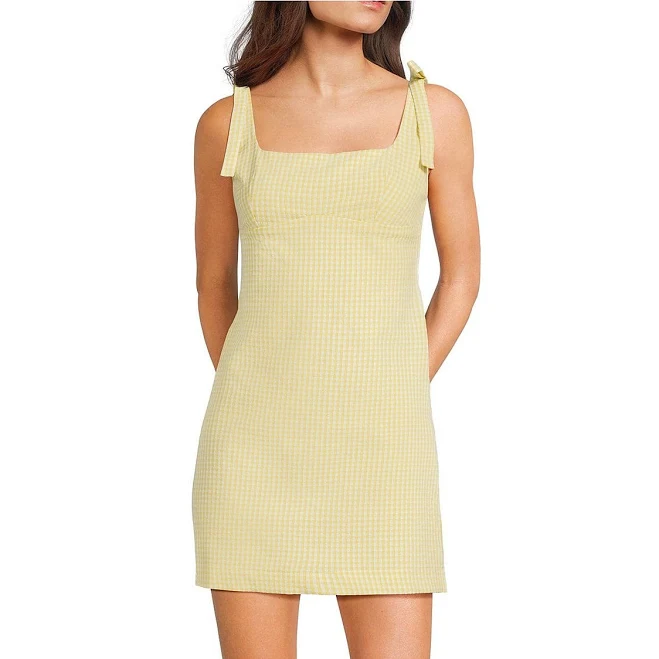 Juniors Evolutionary Gingham Tie Shoulder Dress