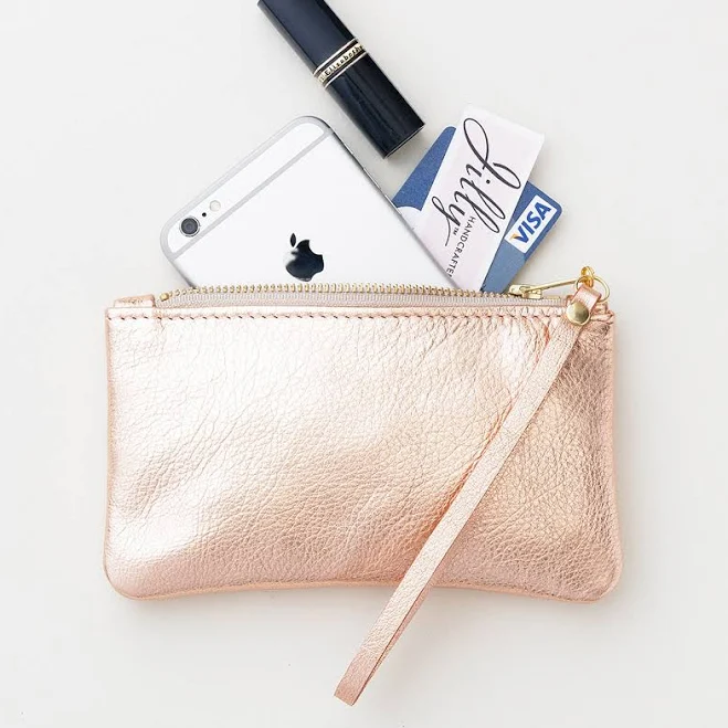 Petite Metallic Leather Clutch with Wrist Strap