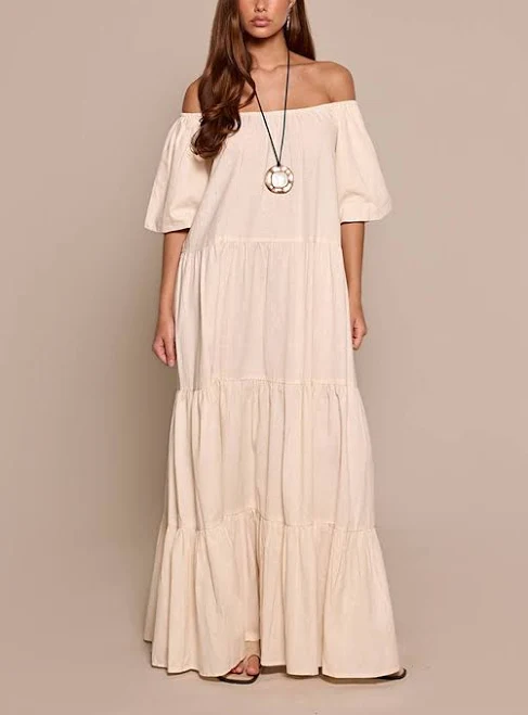 PrettyLittleThing Women's Linen Look Bardot Tiered Maxi Dress in Cream | Size: 8