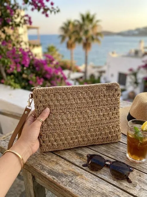 Boho Chic Straw Clutch Bag with Leather Wrist Strap
