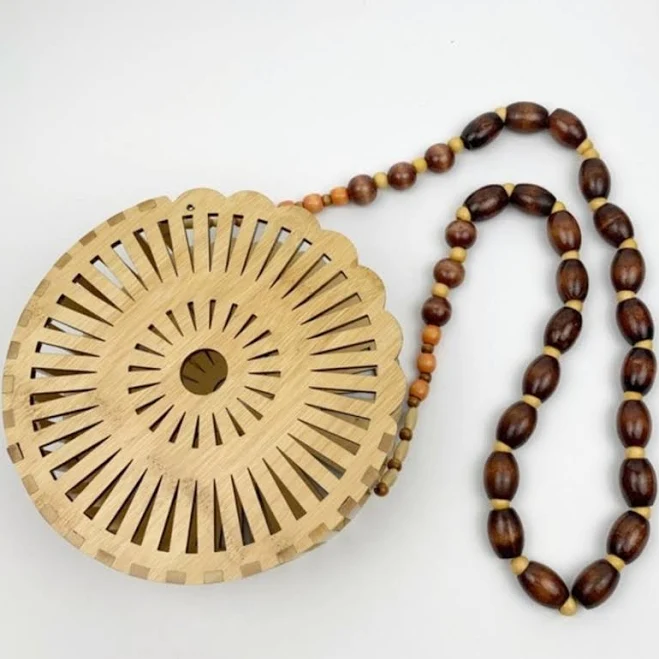 Vintage Wooden Circle Open Top Bead Bag