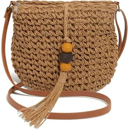 Women's Boho Handwoven Straw Bag with Tassels (