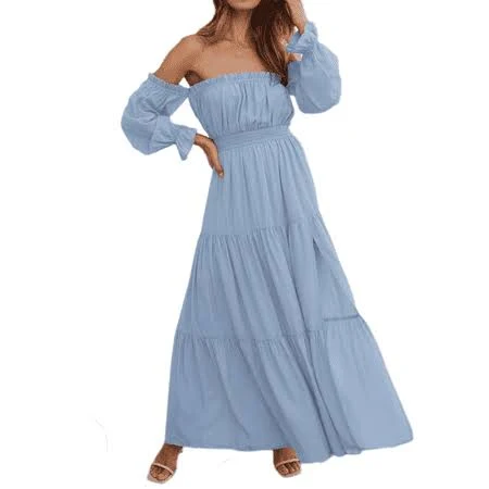 Yogafox Women's Boho Off Shoulder Smocked Flowy Maxi Dress