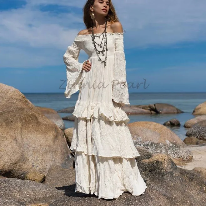 Lucia Off-Shoulder Boho Tiered Cotton Maxi Dress