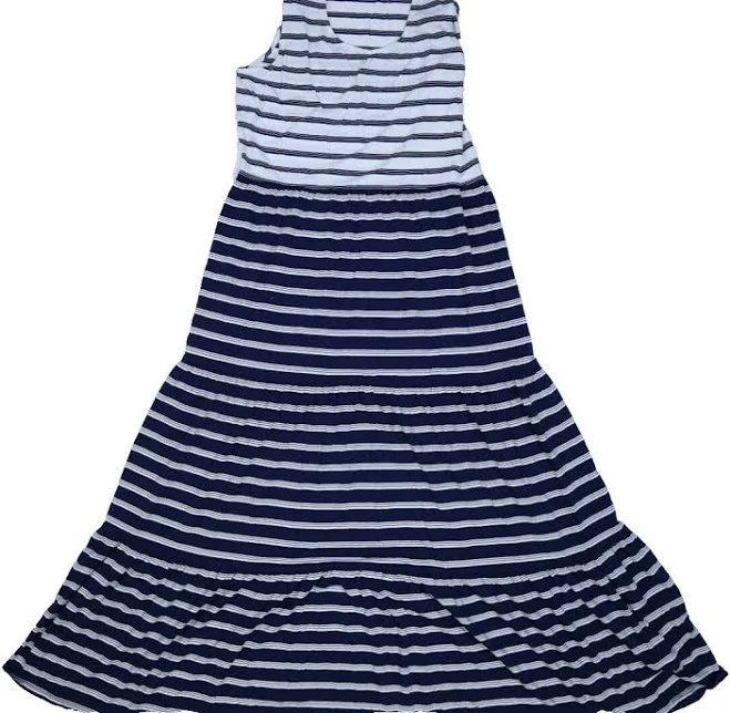 Lands End Womens White Navy Stripe Sleeveless Tiered Pull On Maxi