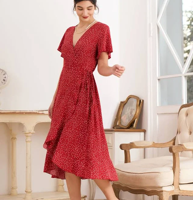 Retro Polka Dot V-Neck Ruffle Wrap Midi Dress