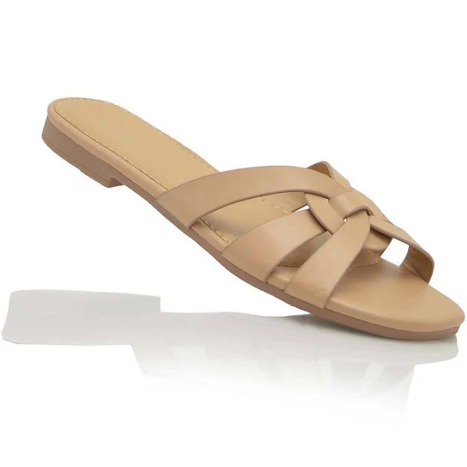 Woven Strap Open Toe Flat Slide Sandal, Women's, Size: 7.5, Camel