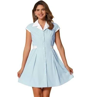 Allegra K Women's Vintage Button Down Flat Collar Belted Mini Shirt Dress