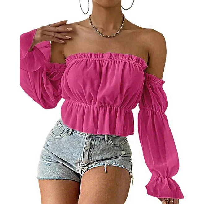Women's Off Shoulder Ruffle Trim Smocked Waist Chiffon Crop Top