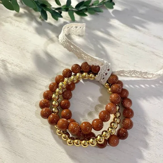 Stacked Sandstone and Gold Beaded Bracelet