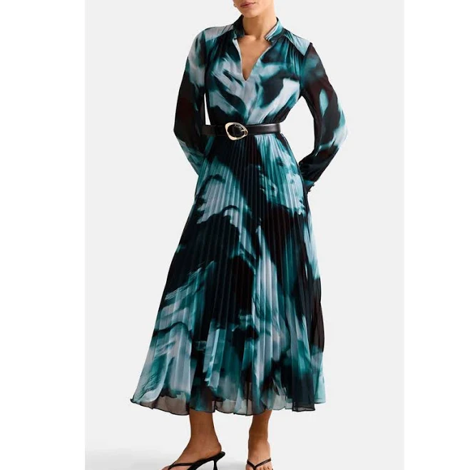 Ever New Skyla Abstract Print Long Sleeve Pleated Midi Dress
