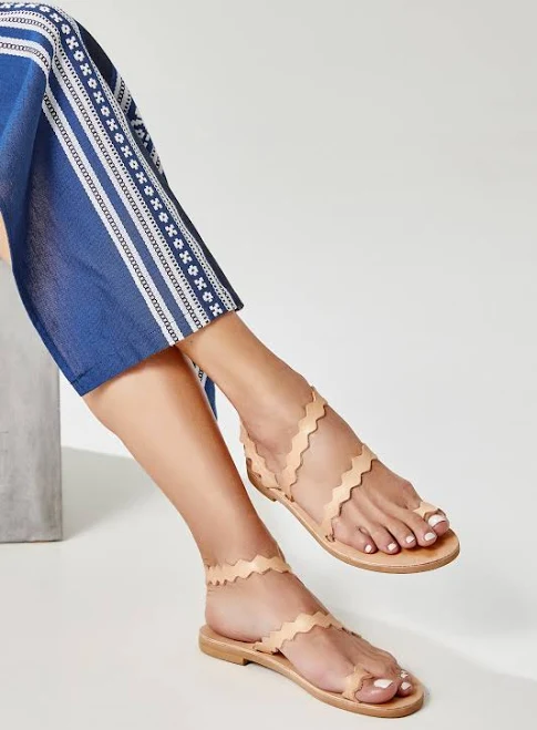 Ancient Greek Leather Flat Strappy Sandals with Toe Loop