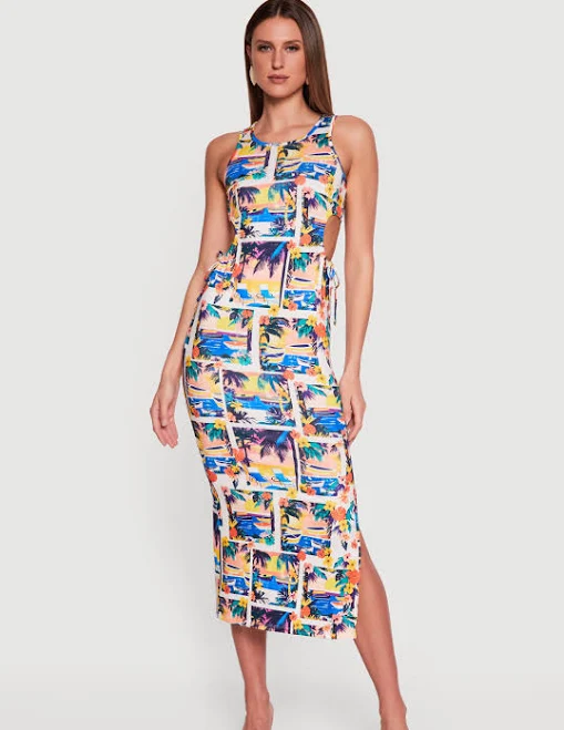 Women's Tropical Print Midi Dress with Side Slit