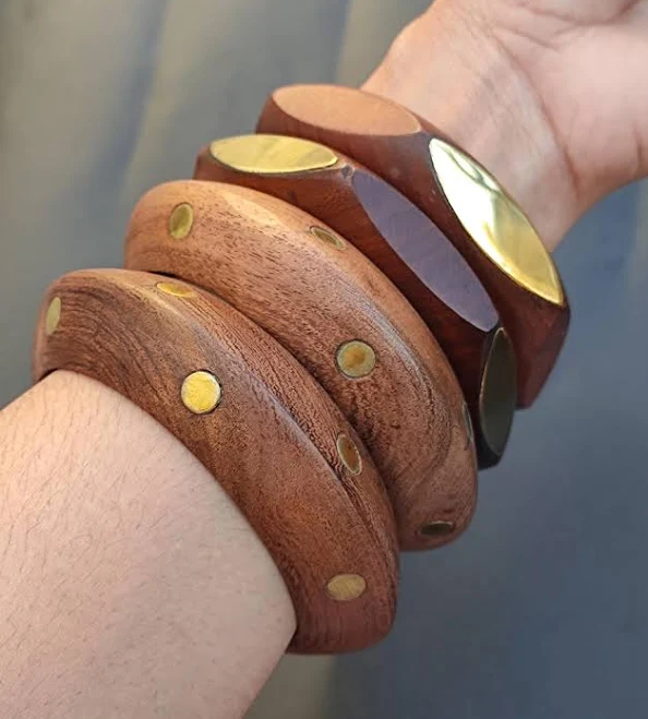 Vintage Bohemian Wood & Brass Bangle Bracelet Set