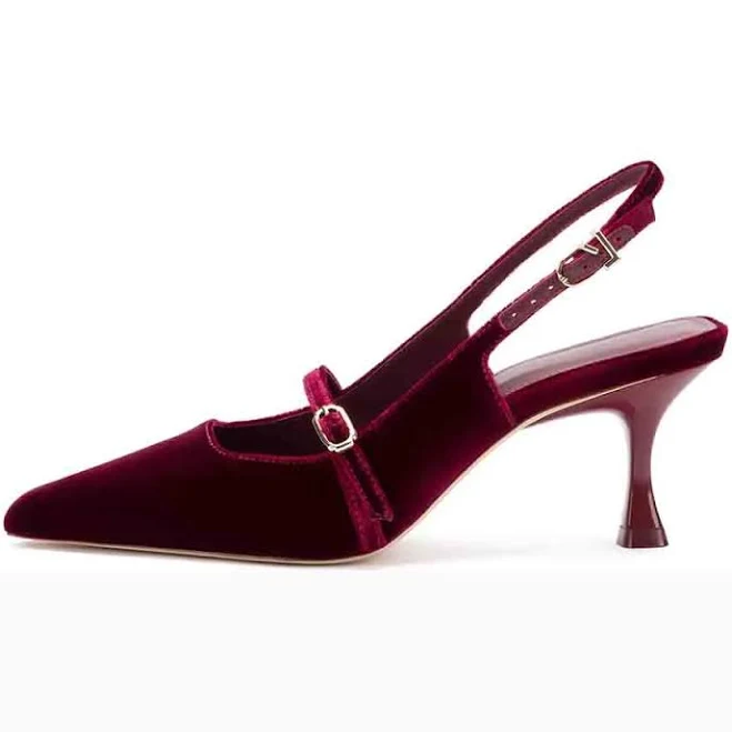 Pointed Toe Kitten Heel Slingback Pumps with Buckle