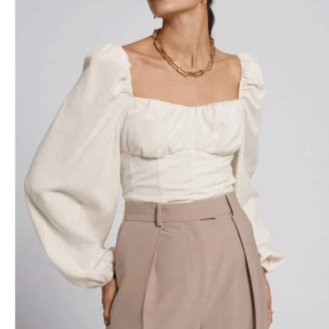 & Other Stories Puff Sleeve Fitted Cropped Top Smocked Back Ivory Sz: