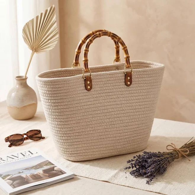 Women's Woven Jute Bag with Bamboo Handles