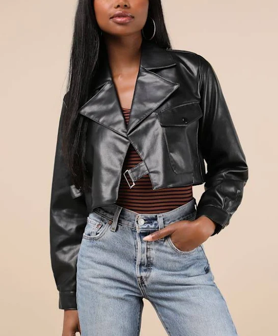 Women's Cropped Vegan Leather Moto Jacket