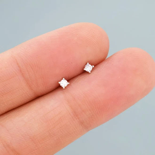 Extra Tiny CZ Stud Earrings in Sterling Silver, Barely Visible Stud Earrings, 2mm Crystal Earrings, Tiny Crystal Earrings