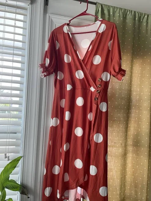 Vintage Polka Dot Wrap Dress – Red Midi Dress With Puff Sleeves &