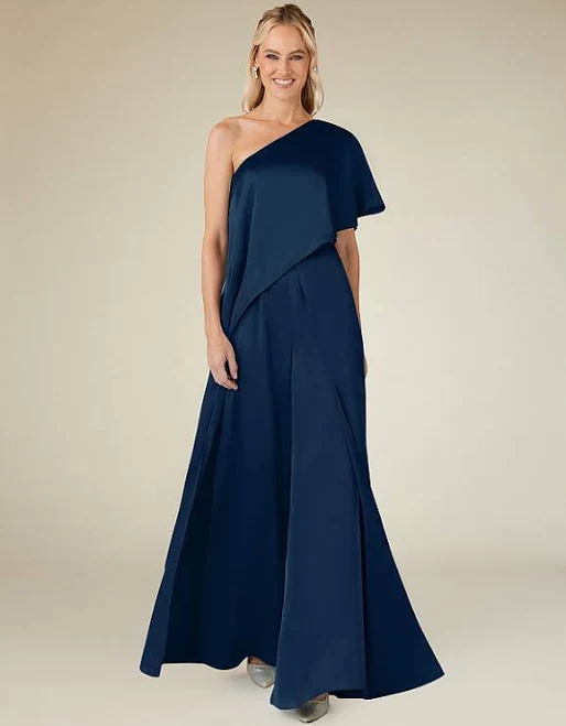 Azazie Plus Size Asymmetrical Neckline Floor-Length Stretch Satin Jumpsuit