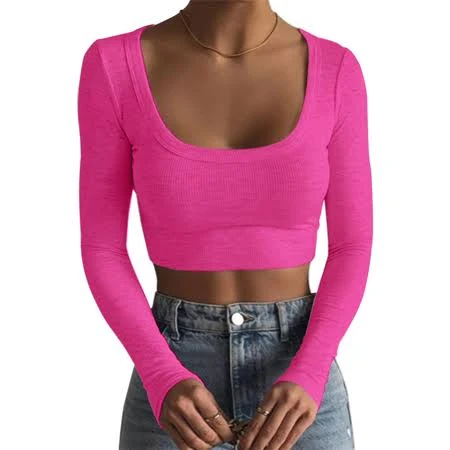 GSUNSOX Women's Square Neck Long Sleeve Ribbed Slim Fitted Casual Basic Crop Top Hot Pink L, Size: Large