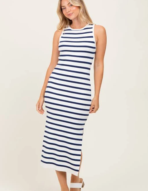 White Navy Striped Knit Sleeveless Side Slit Midi Dress